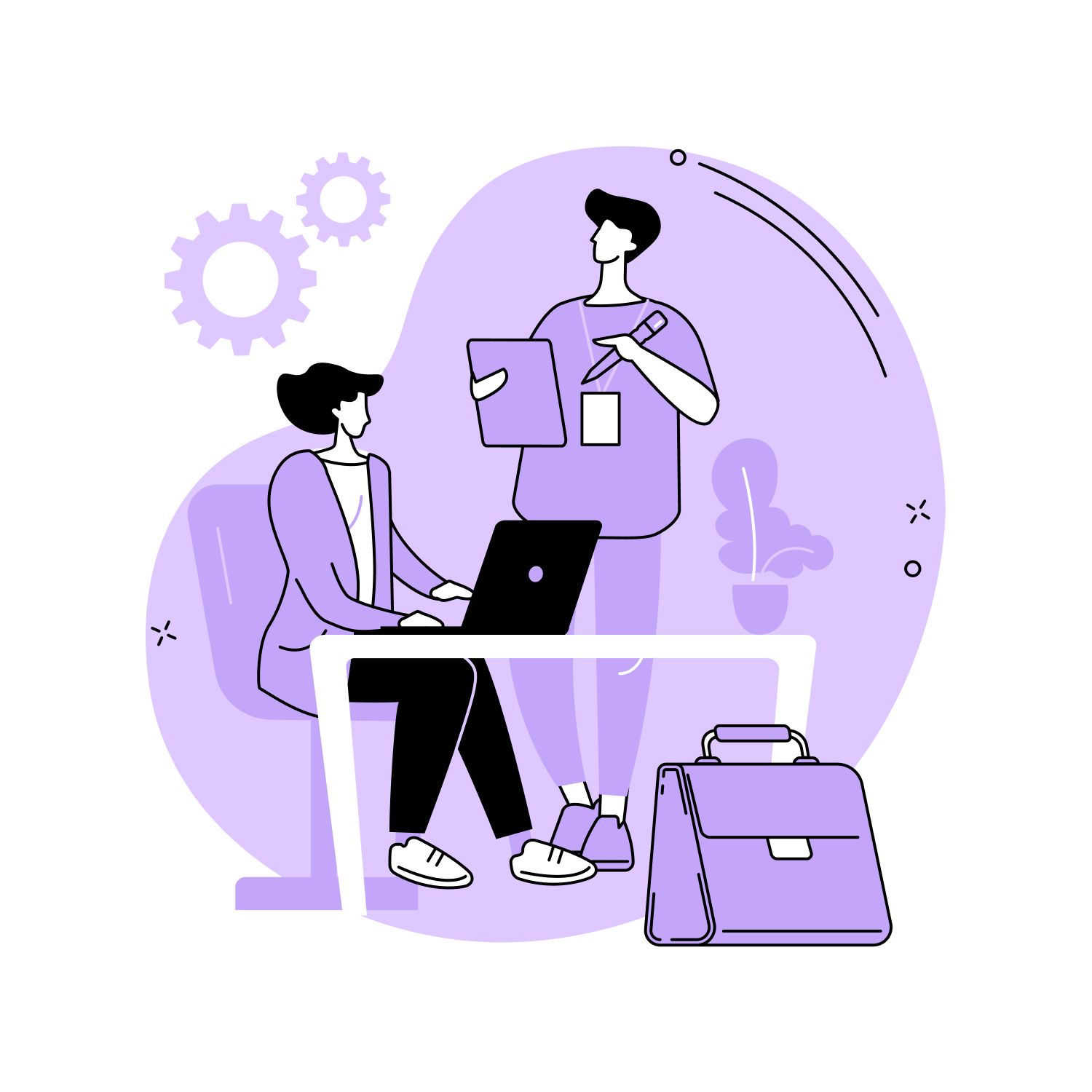 illustration of two professionals discussing work at a desk with a laptop, clipboard. Illustration of two professionals discussing work at a desk with a laptop, clipboard, gears, and a briefcase symbolizing teamwork.