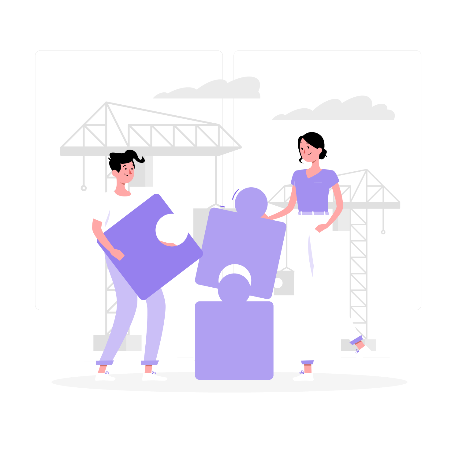 Illustration of two people assembling puzzle pieces with cranes in the background, symbolizing building a back-office in India. Illustration of two people assembling puzzle pieces with cranes in the background, symbolizing building a back-office in India.