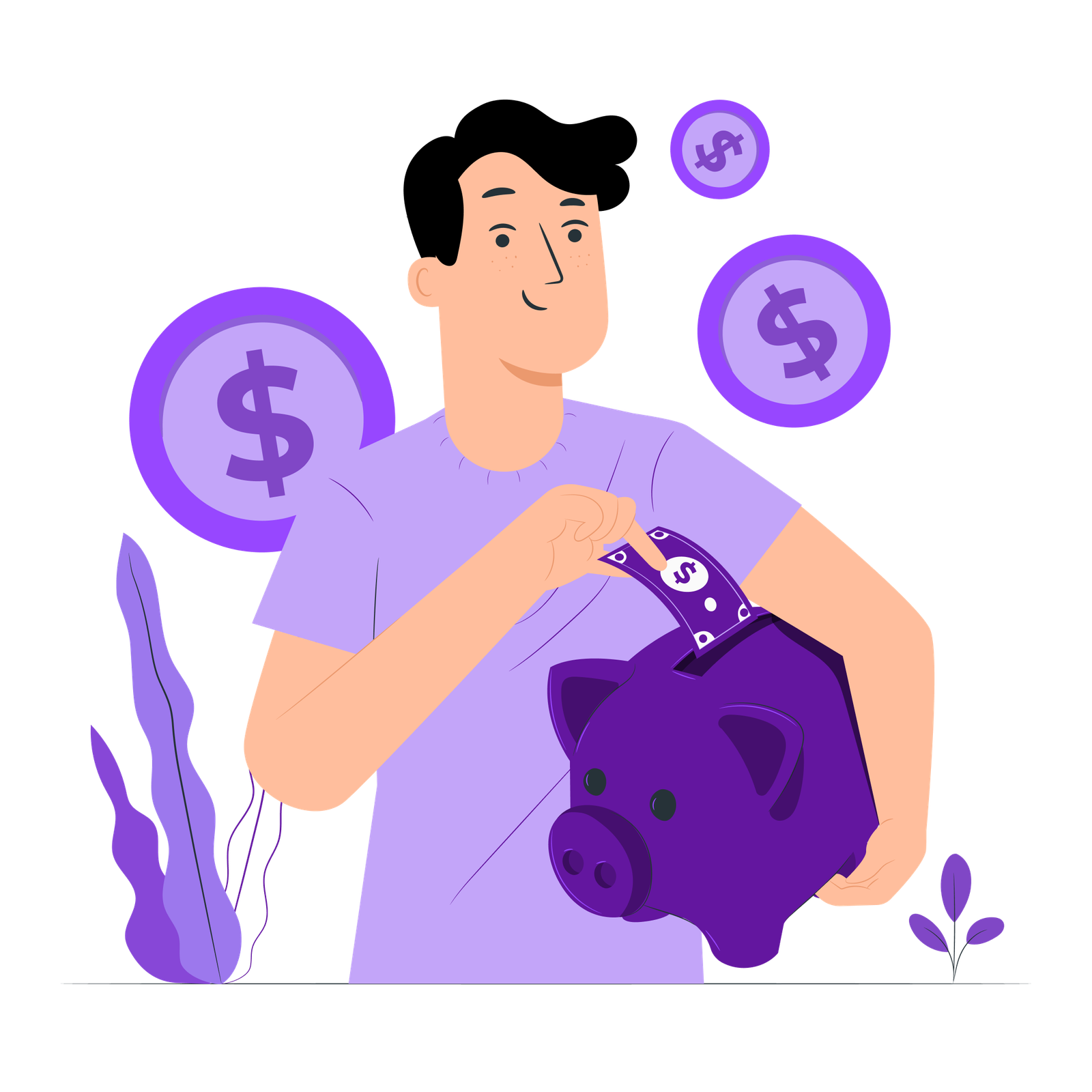Illustration of a man saving money by putting a dollar bill into a piggy bank, with dollar symbols floating in the background. Illustration of a man saving money by putting a dollar bill into a piggy bank, with dollar symbols floating in the background.